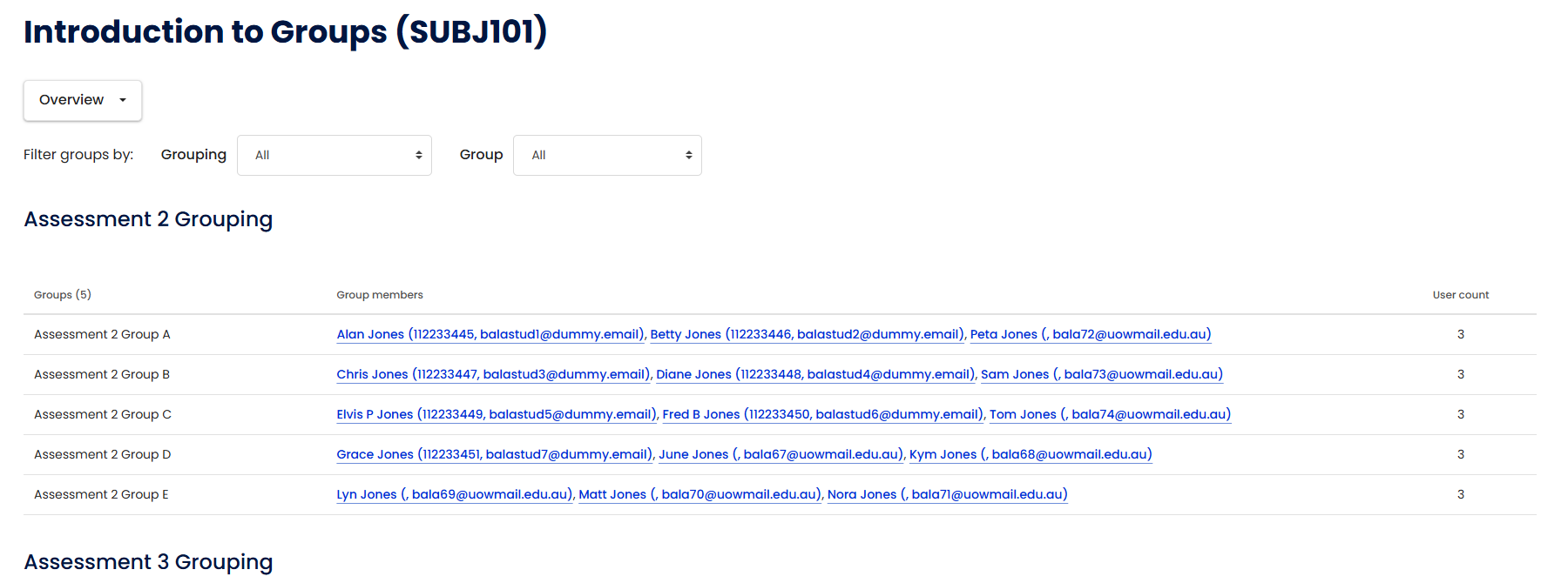 Moodle - Groups - Group Overview Page